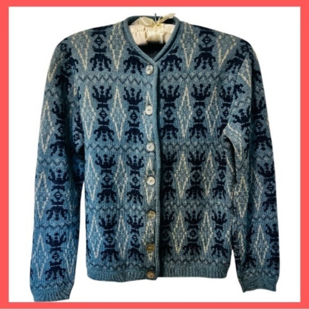 Gorgeous Mid-Century Blue and Cream Wool Cardigan Sweater